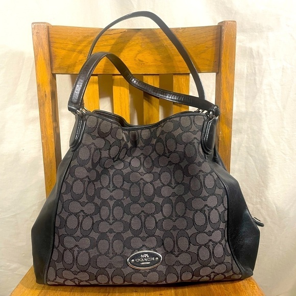 Coach Edie Shoulder Bag Signature Grey Black Current Leather - Picture 2 of 16